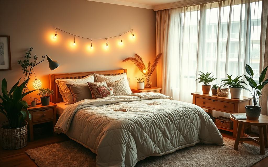 bedroom decor, cozy spaces, lighting tips, fabric layering, relaxing interiors.